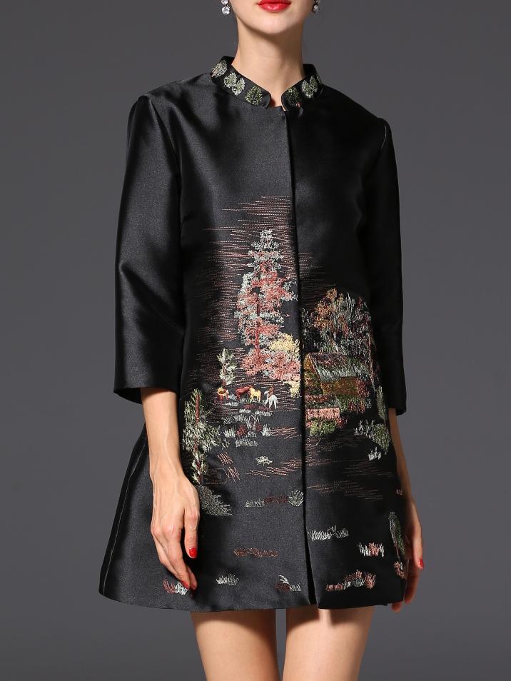 Shein Black Collar Embroidered Shift Coat