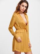 Shein Mustard Collared Plunge Neck Long Sleeve Shirt Dress