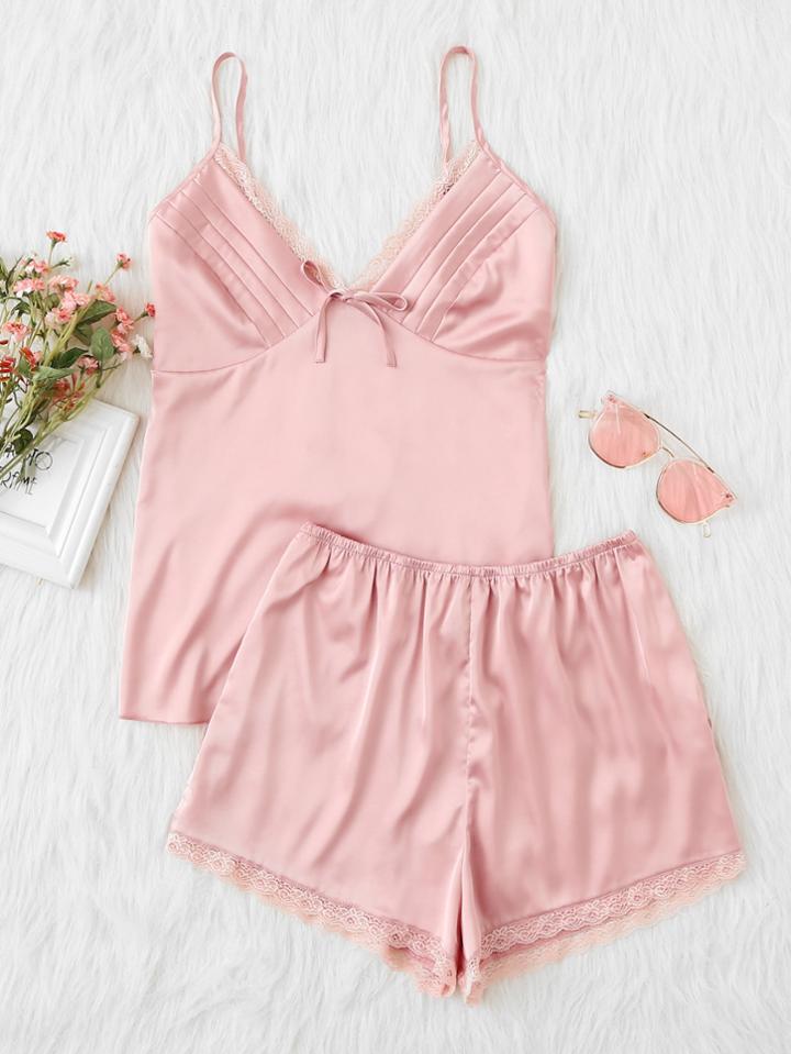 Shein Lace Trim U Back Quilted Cami & Shorts Pj Set