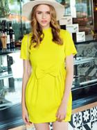 Shein Yellow Stand Collar Short Sleeve Bow Dress