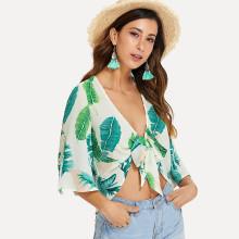 Shein Jungle Leaf Print Bell Sleeve Knot Top