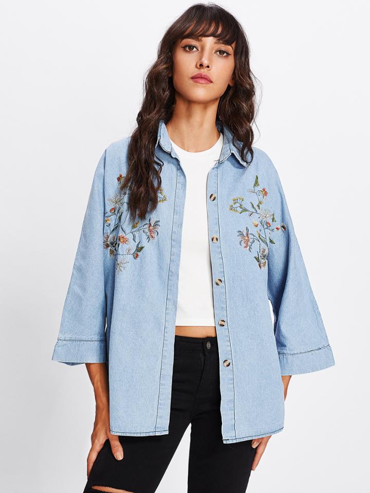 Shein Botanical Embroidered Denim Coat