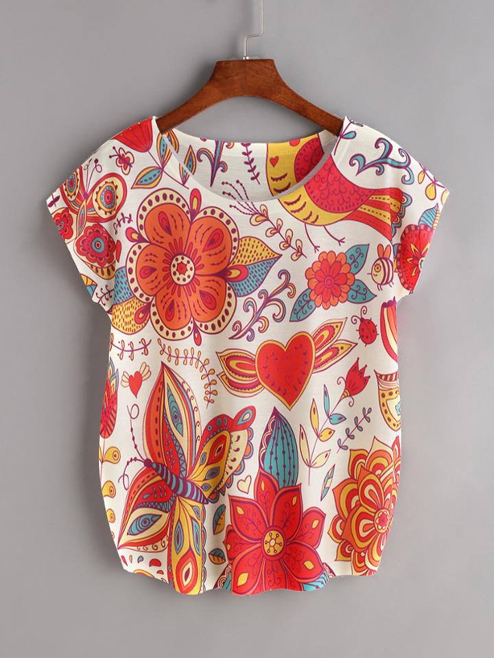 Shein Flowers Print Curved Tee