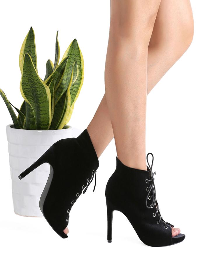 Shein Black Velvet Peep Toe Lace Up Pumps