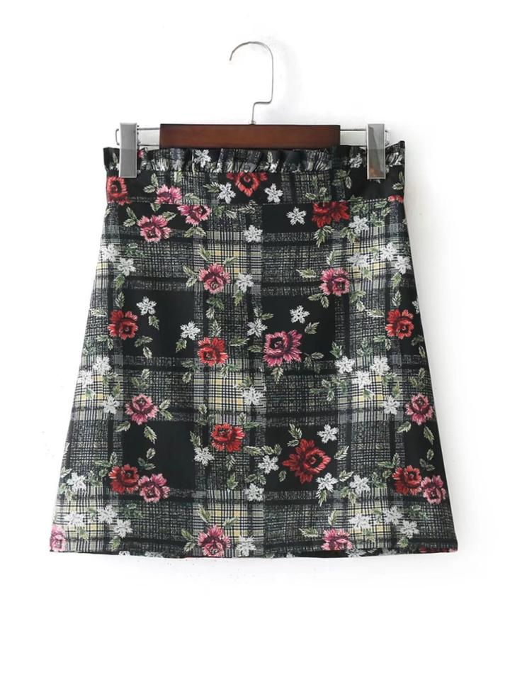 Shein Frill Top Checked Floral Skirt