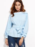 Shein Blue Foldover Boat Neck Belted Waist And Cuff Blouse