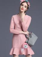 Shein Pink Round Neck Long Sleeve Ruffle Dress