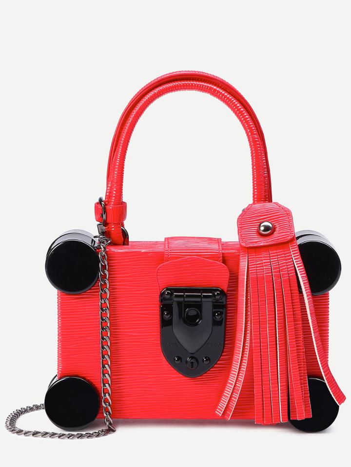 Shein Red Round Plastic Trim Fringe Charm Box Bag