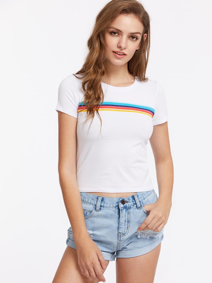 Shein Rainbow Stripe Trim Tee