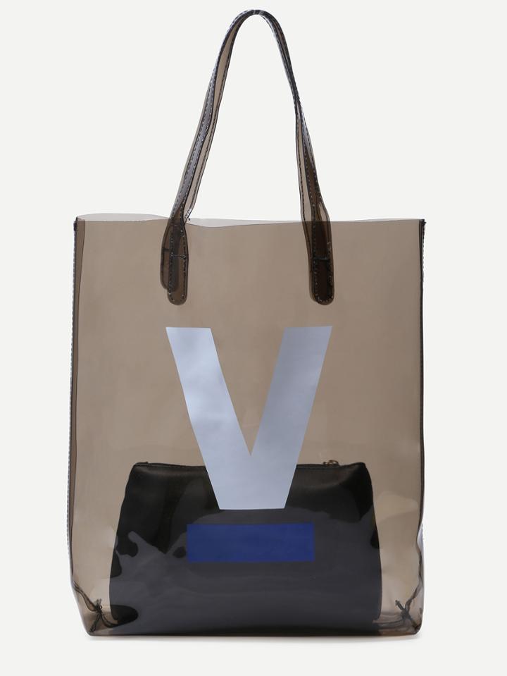 Shein Black Print Clear Tote Bag With Makeup Bag