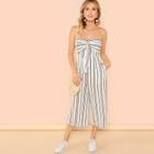 Shein Knot Front Wide Leg Striped Strapless Jumpsuit