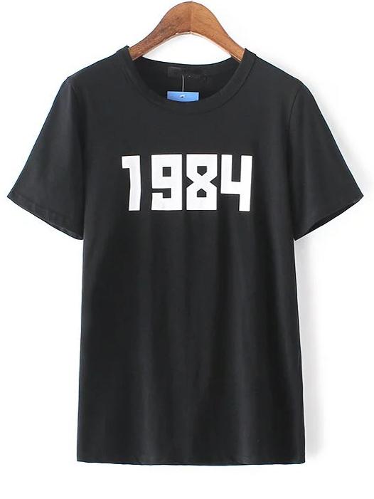 Shein Black Round Neck Number Print T-shirt