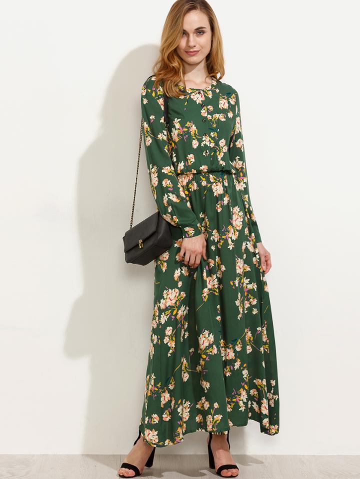 Shein Blossom Print Buttoned Front Maxi Dress