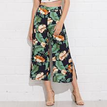 Shein Slant Pocket Slit Hem Tropical Palazzo Pants