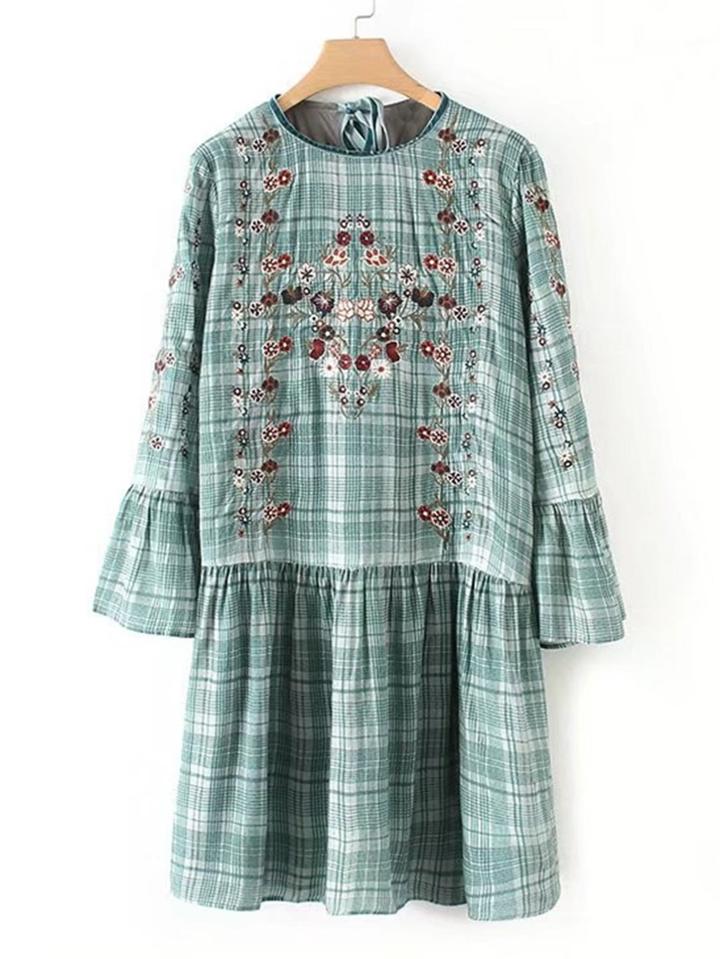 Shein Flower Embroidery Drop Waist Plaid Dress