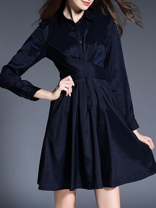 Shein Navy Lapel Tie-waist A-line Dress