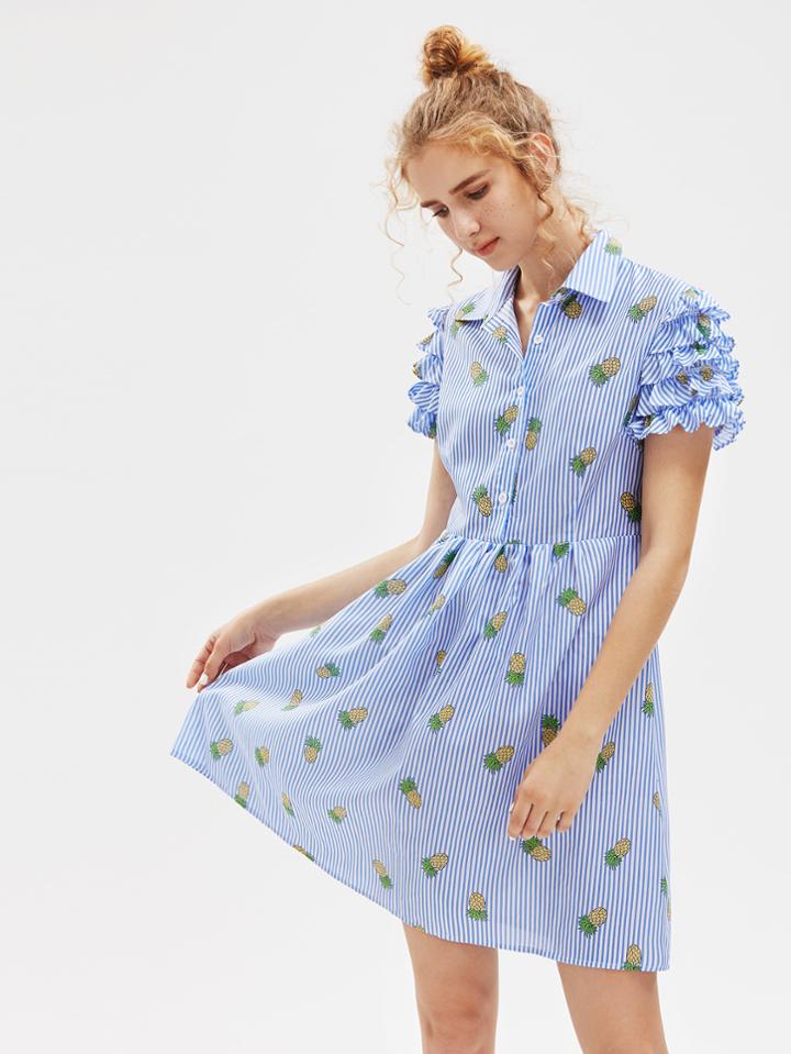 Shein Pineapple Print Layered Ruffle Sleeve Half Placket Smock Dress