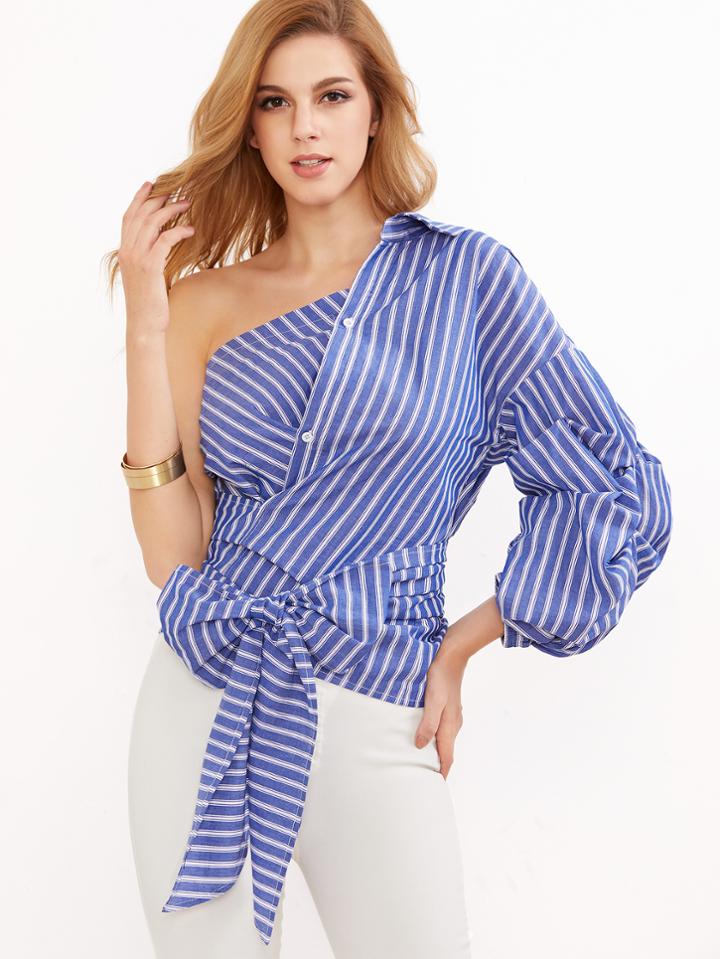 Shein Blue Striped One Shoulder Wrap Around Button Down Top