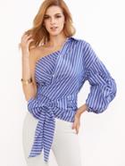 Shein Blue Striped One Shoulder Wrap Around Button Down Top