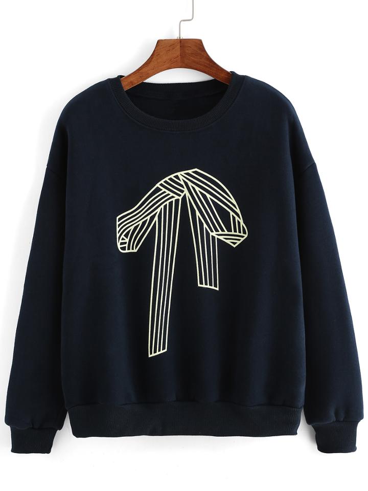 Shein Navy Crew Neck Bow Print Sweatshirt