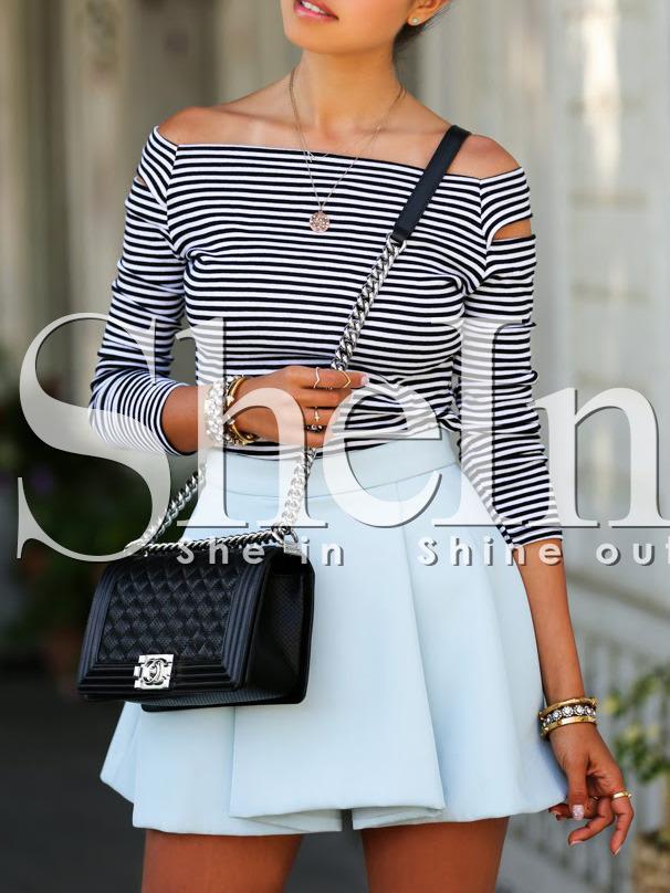 Shein Black White Striped Off The Shoulder Cut Out T-shirt