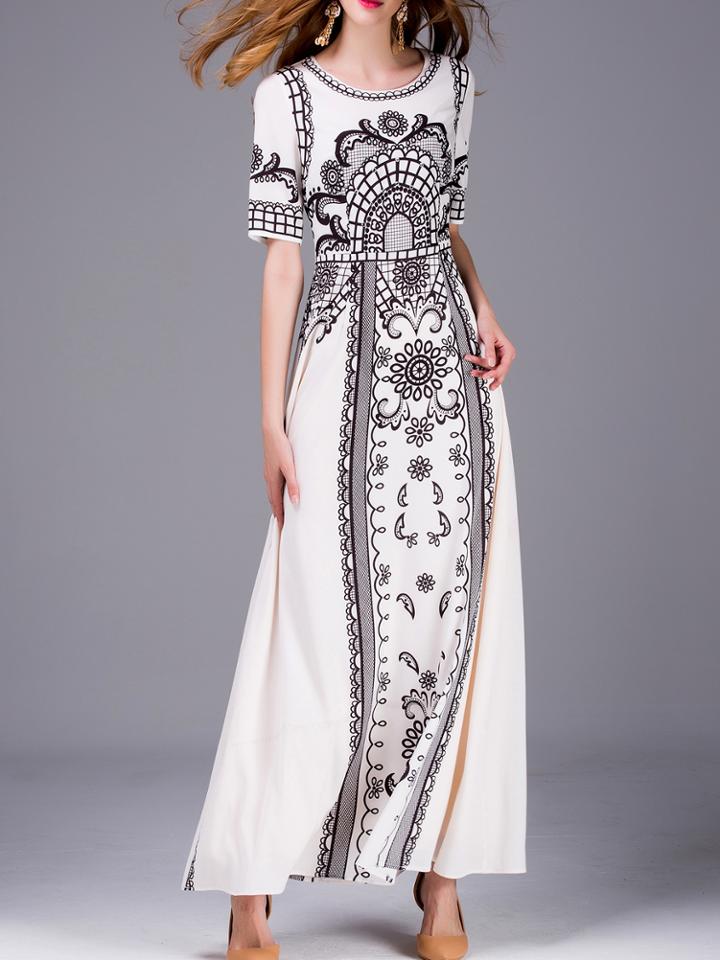 Shein White Vintage Print Beading Maxi Dress