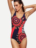 Shein Scoop Back Multicolor Flower Print One-piece Swimwear