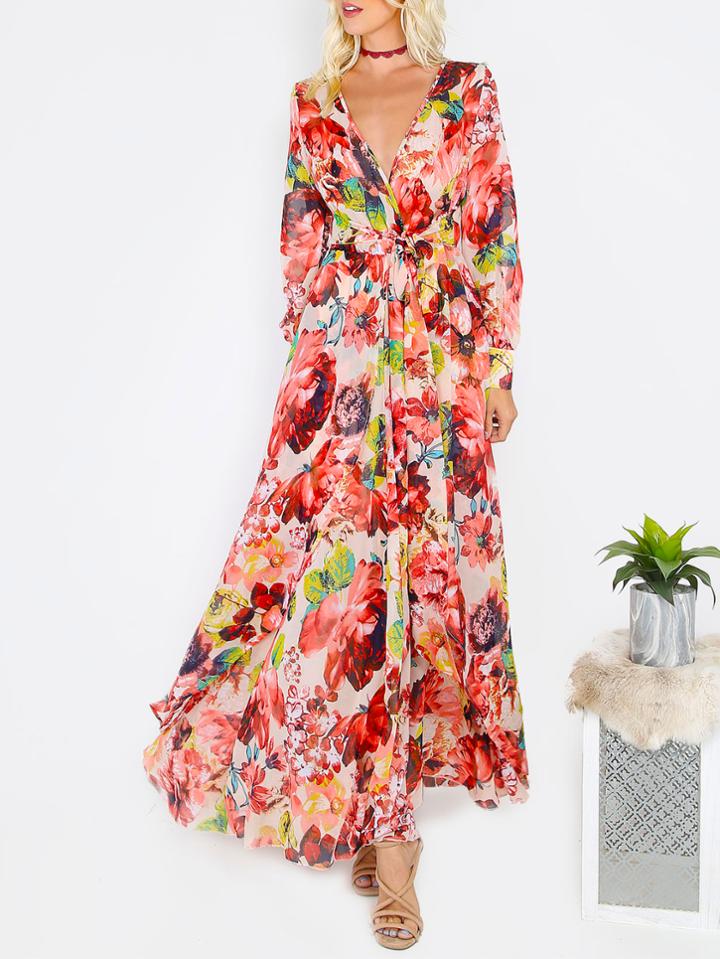 Shein Floral Deep V-neck Maxi Dress Pink