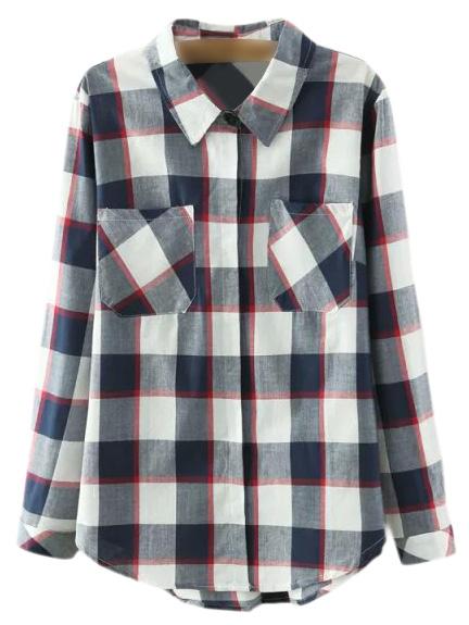 Shein Multicolor Pockets Buttons Front Plaids Blouse