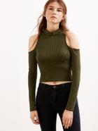 Shein Army Green Open Shoulder Zipper Knit T-shirt