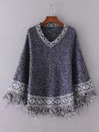 Shein Blue V Neck Fringe Detail Jacquard Sweater