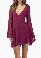 Rosewe Catching Hollow Design Flare Sleeve Wine Red Mini Dress