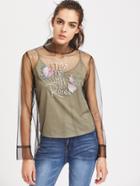 Shein Flower Print Mesh Cover-up Top With Cami
