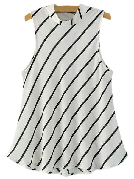 Shein White Sleeveless Stand Collar Oblique Stripe Blouse