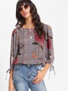 Shein Tie Cuff Plaid And Floral Top