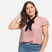 Shein Plus Tie Neck Flutter Sleeve Top