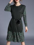Shein Green Knit Belted Print Combo Dress