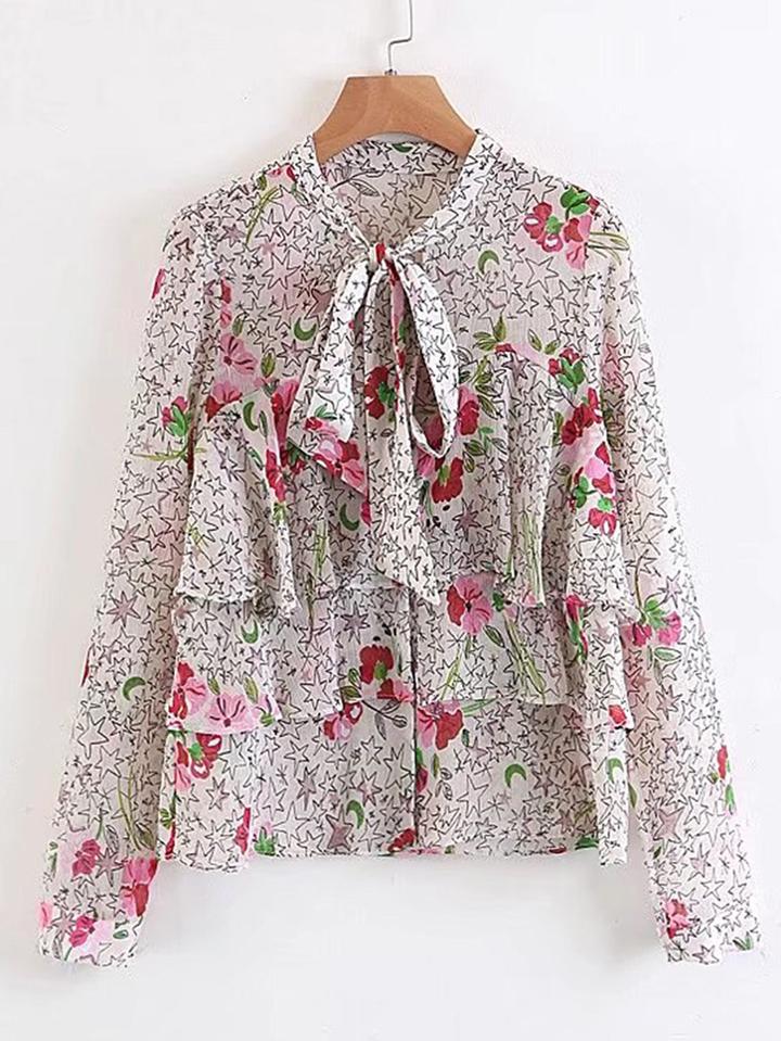 Shein Flower Print Tie Neck Tiered Blouse