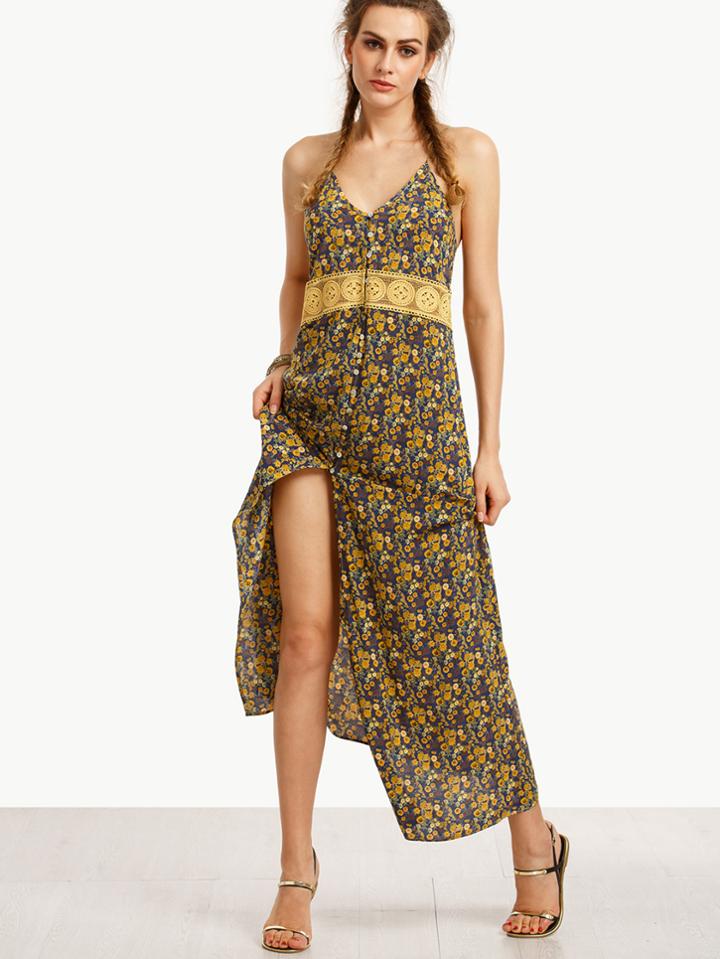 Shein Floral Print Spaghetti Strap Split Front Long Dress