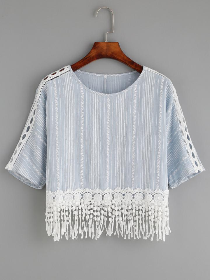 Shein Blue Crochet Fringe Trim Eyelet Sleeve Embroidered Blouse
