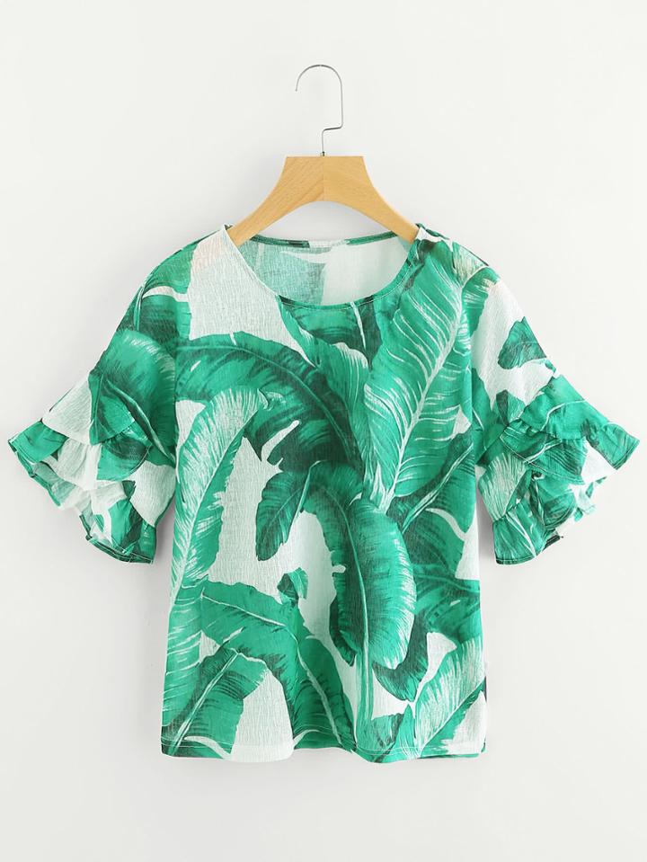 Shein Palm Leaf Print Frill Cuff Top