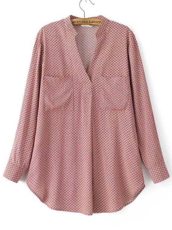 Shein Red Printed Curved Hem Blouse With Pocket