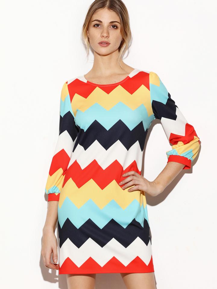 Shein Multicolor Chevron Print 3/4 Sleeve Tunic Dress