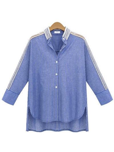 Shein Blue Lapel Hollow Dip Hem Plus Blouse
