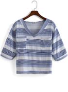 Shein Blue V Neck Striped Pockets Crop T-shirt