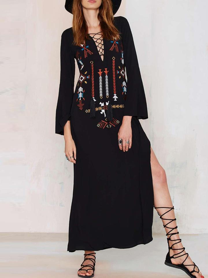 Shein Black Bell Sleeve Embroidered Slit Maxi Dress