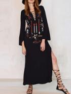 Shein Black Bell Sleeve Embroidered Slit Maxi Dress