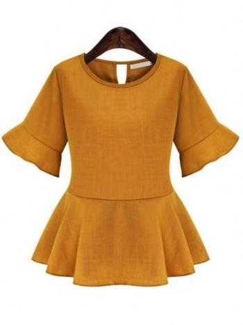 Shein Yellow Round Neck Half Sleeve Ruffle Blouse