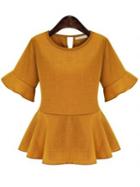 Shein Yellow Round Neck Half Sleeve Ruffle Blouse
