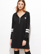 Shein Black Zip Front Striped Sleeve Hooded Sweatshirt Dress